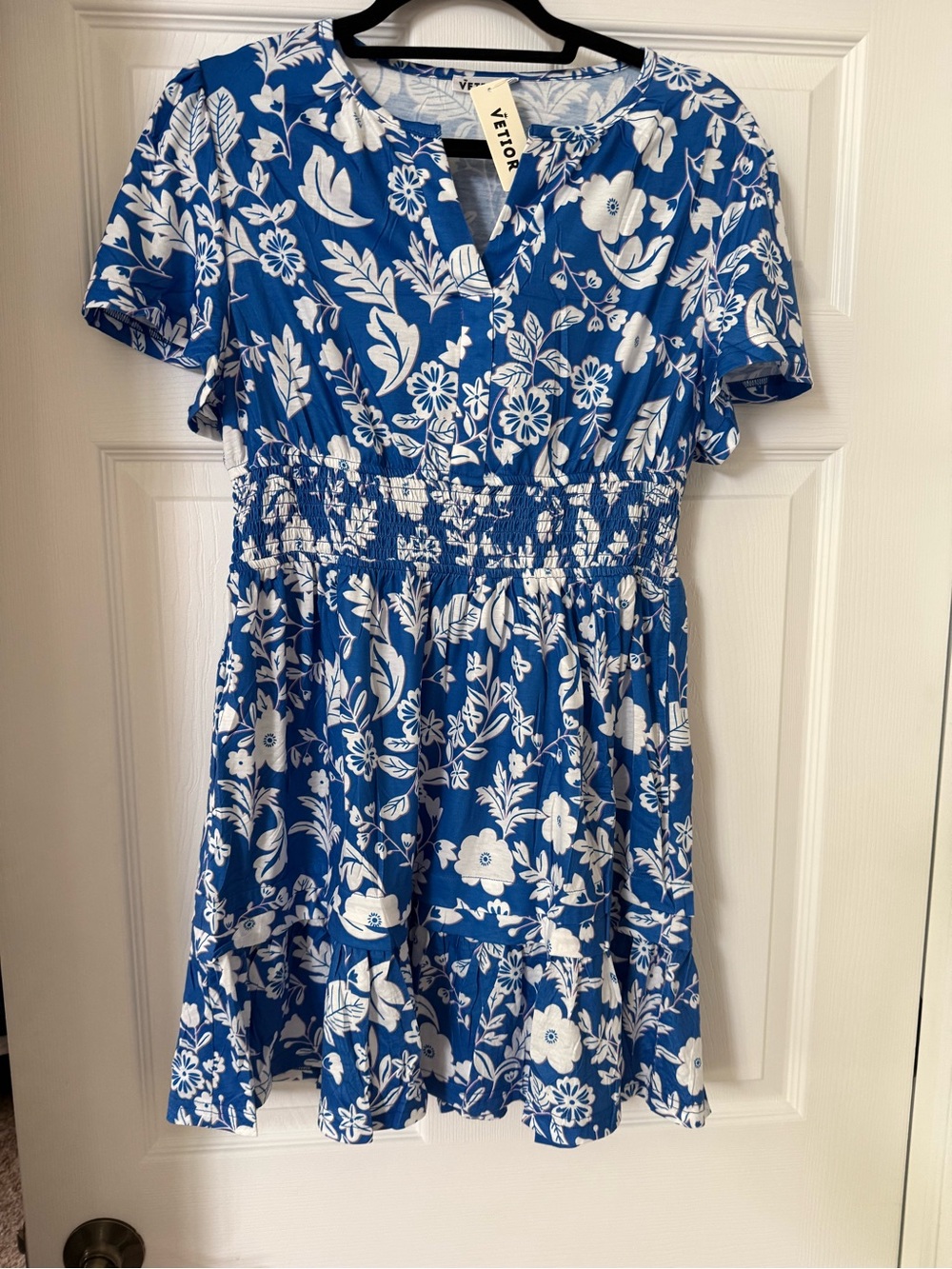 VETTA Blue & White Floral Smocked Waist Dress for women